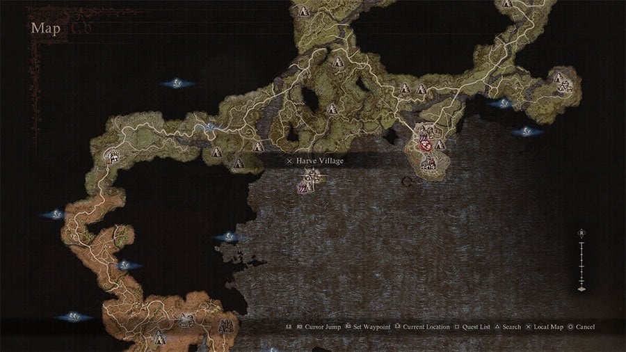 A map showing the location of Harve Village for side quests