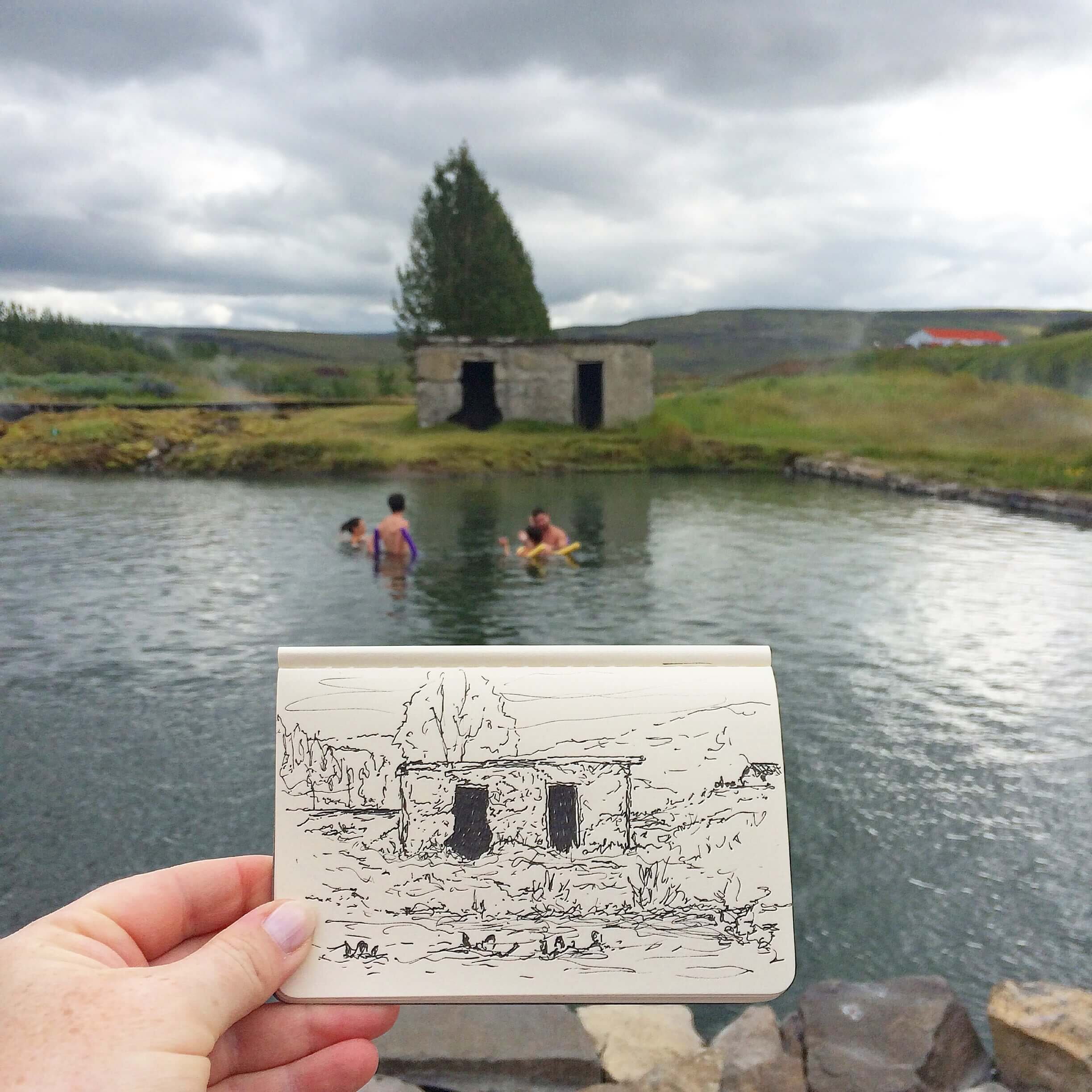 Hand sketch at Gamla Laugin, the secret lagoon in Iceland