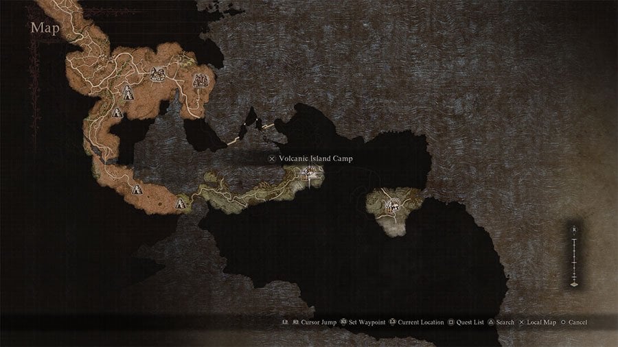 A map showing where to find the Volcanic Island Camp for the side quests